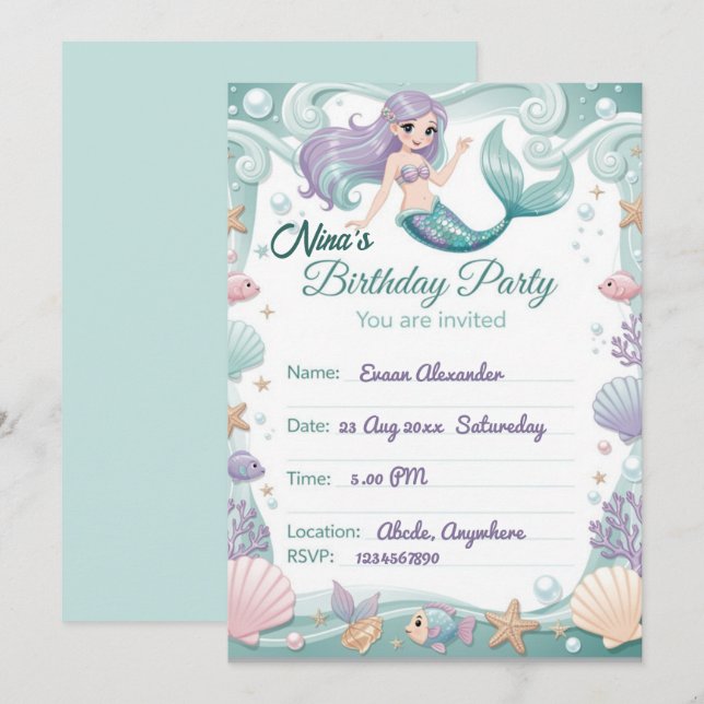 Convite de Aniversário de Sereia Personalizado  (Frente/Verso)