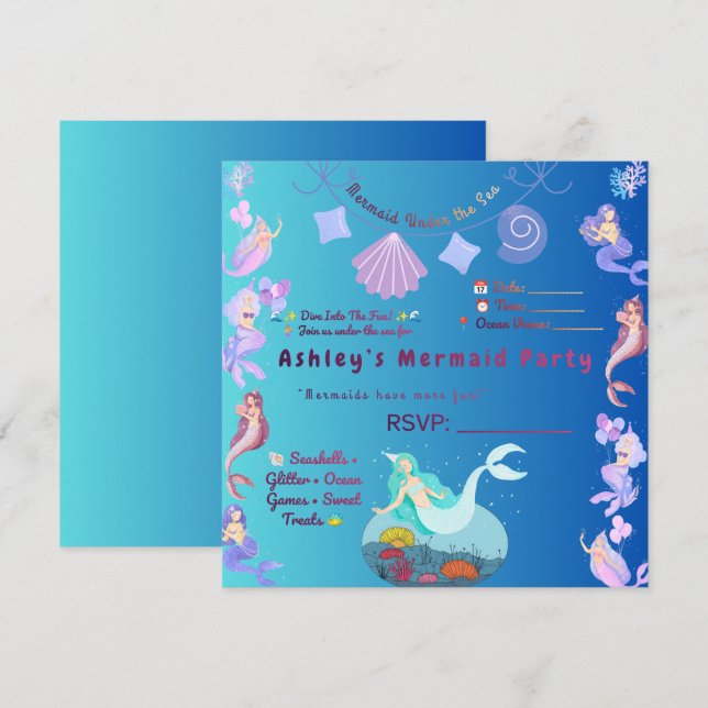 Convite de Aniversário de Sereia Personalizável –  (Frente/Verso)