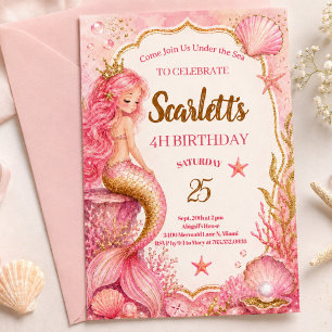 Convite de Aniversário de Sereia Rosa e Dourado