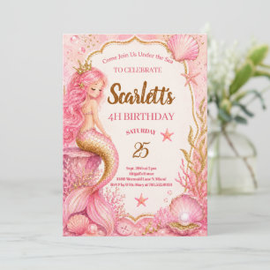 Convite de Aniversário de Sereia Rosa e Dourado