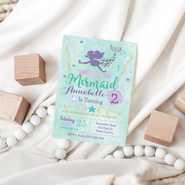 Convite de aniversário de Sereia Roxo Teal Dourado (Criador carregado)