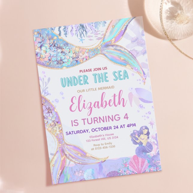 Convite de Aniversário de Sereia Sob o Mar (Under The Sea Mermaid Birthday Girl Invitation)
