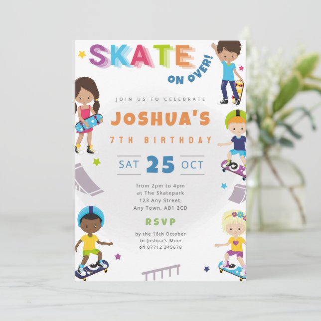 Convite de Aniversário de Skate para Crianças no P (Em pé/Frente)