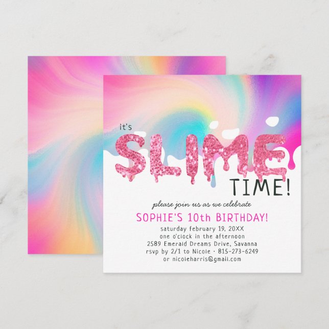 Convite de Aniversário de Slime Brilhante (Frente/Verso)