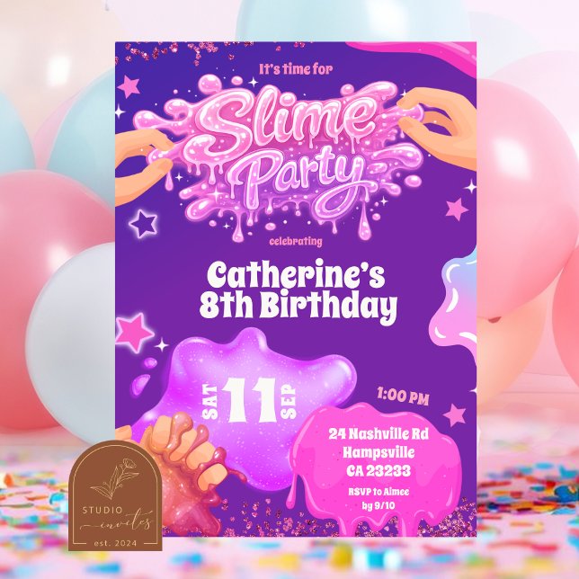 Convite de Aniversário de Slime Rosa Roxo Neon (Criador carregado)
