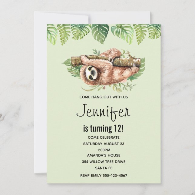 Convite de Aniversário de Sloth & Folhas Tropicais (Frente)