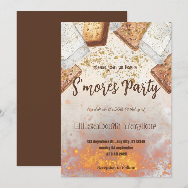 Convite de Aniversário de S'mores – Fogueira Aconc (Frente/Verso)