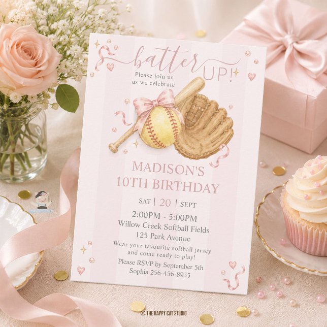 Convite de Aniversário de Softball Rosa Menina Com (Softball Girly Pink Bow Coquette Birthday Invitation card and digital instant download)