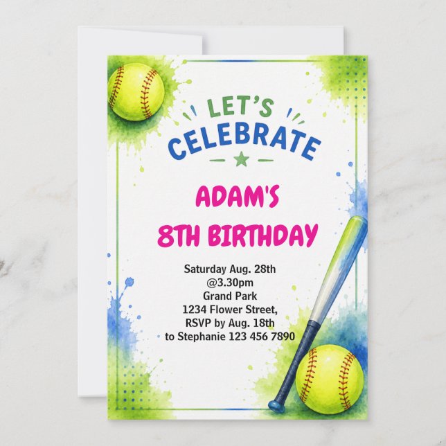 Convite de Aniversário de Softball Tema Aquarela (Frente)