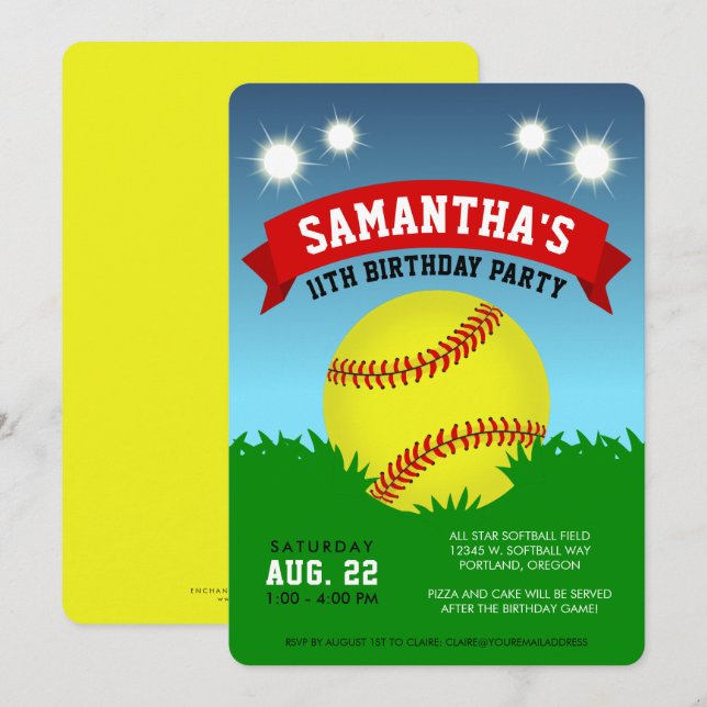 Convite de Aniversário de Softbol (Frente/Verso)