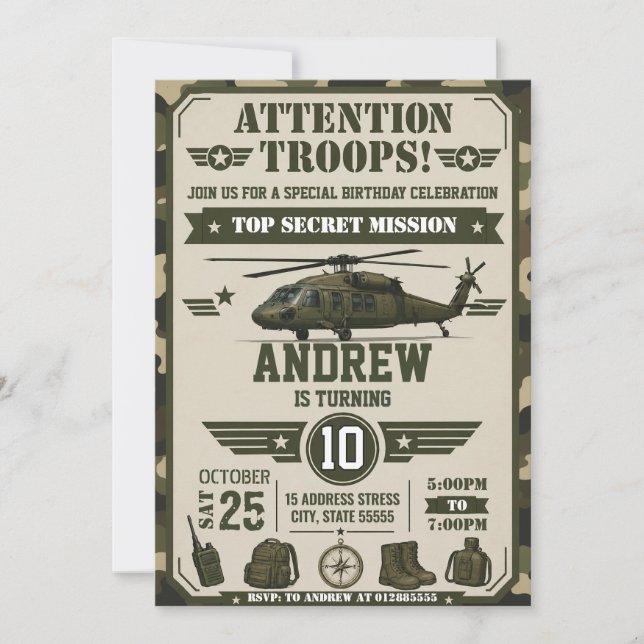 Convite de Aniversário de Soldado Personalizado (Frente)