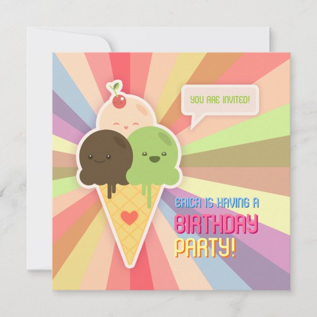 Convite de aniversário de Sorvete Kawaii (Frente)