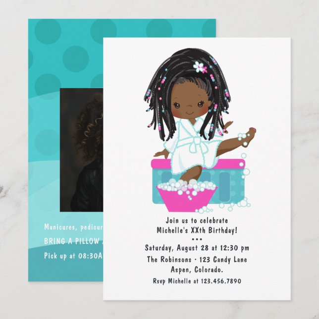 Convite de Aniversário de Spa para Menina Negra Fo (Frente/Verso)