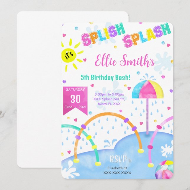 Convite de Aniversário de Splash Pad Editável (Frente/Verso)