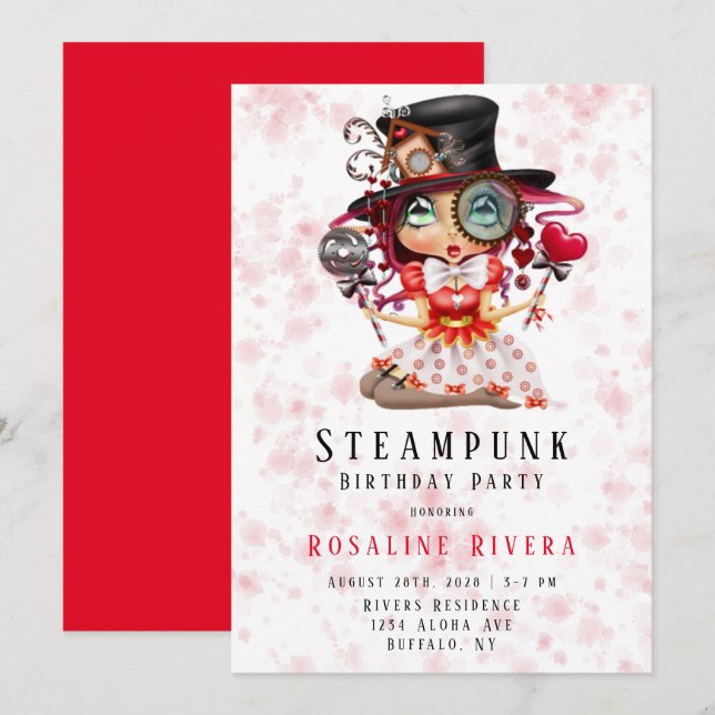 Convite de aniversário de Steampunk Preten Girl (Frente/Verso)