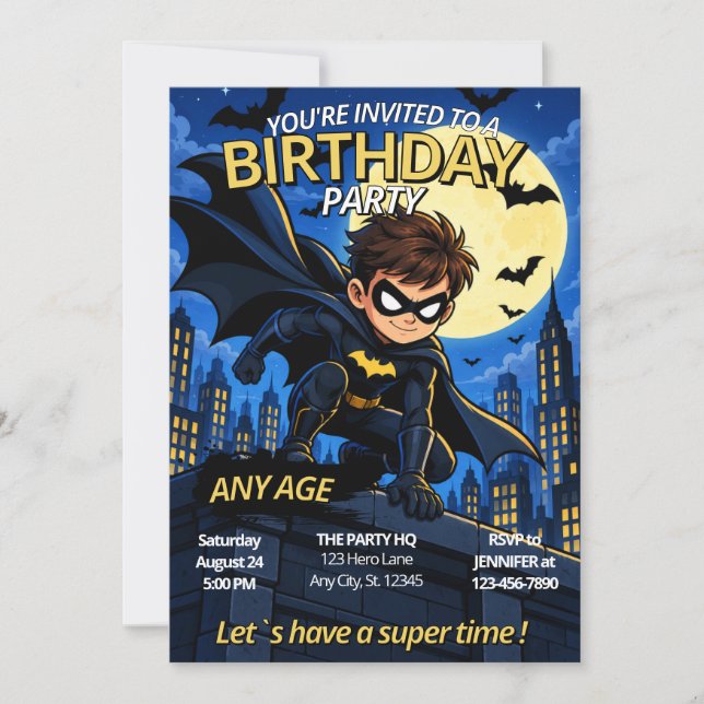 Convite de Aniversário de Super-Herói com Morcegos (Frente)