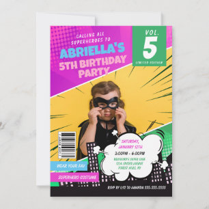 Convite de Aniversário de Super-Heroína de Quadrin