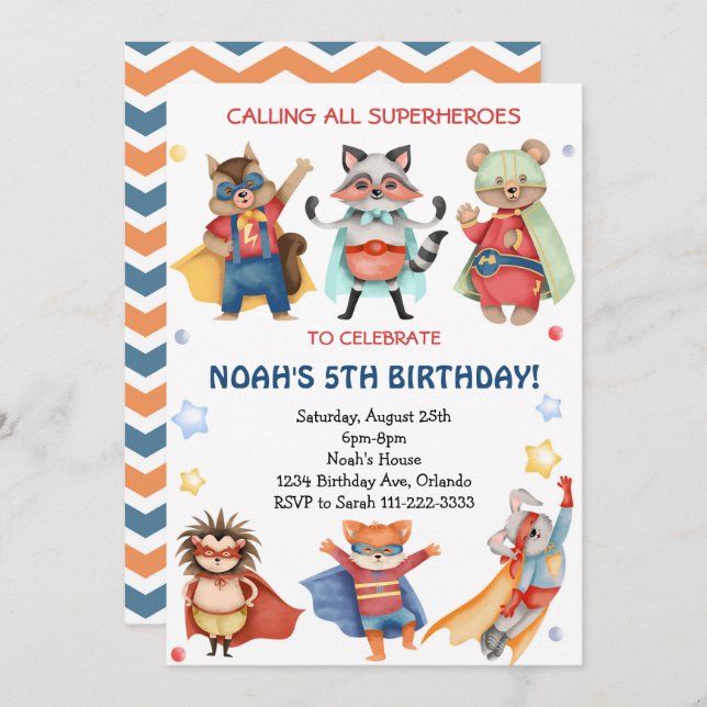 Convite de aniversário de Superheróis de Aquarela (Frente/Verso)