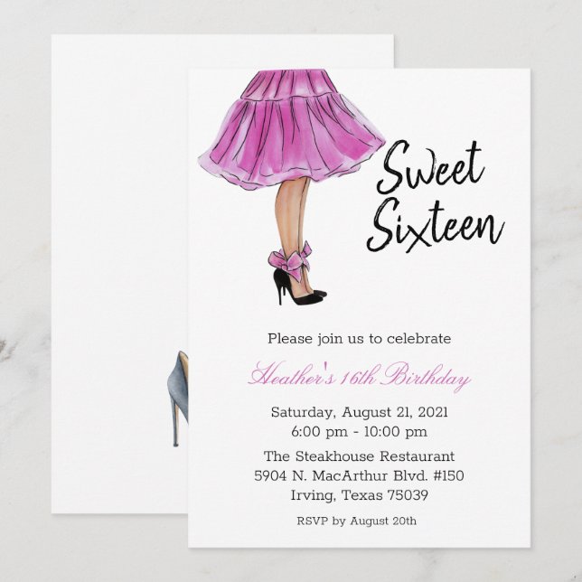 Convite de Aniversário de Sweet Sixteen de Moda (Frente/Verso)