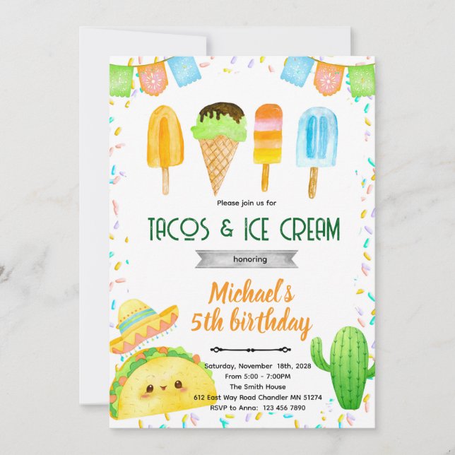 Convite de Aniversário de Taco e Sorvete (Frente)