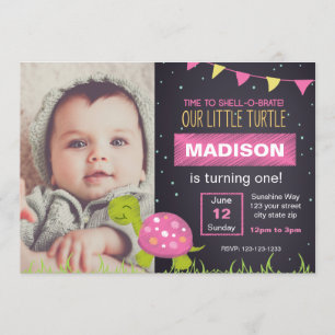 Convite de Aniversário de Tartaruga Rosa com Foto