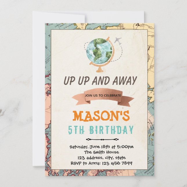 convite de aniversário de tema viagem (Frente)