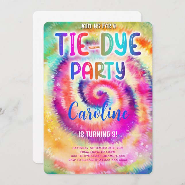 Convite de Aniversário de Tie Dye (Frente/Verso)