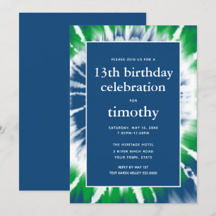 Convite de Aniversário de Tie Dye Azul e Verde