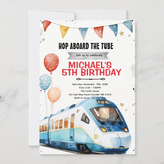 convite de aniversário de trem de metrô subterrâne (Frente)
