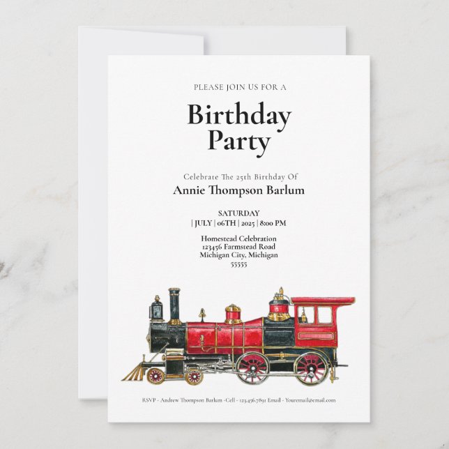 Convite de Aniversário de Trem Vintage Estético (Frente)