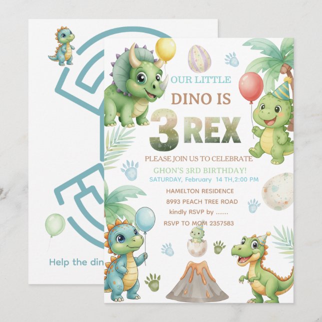Convite de Aniversário de Três-Rex com Labirinto (Frente/Verso)