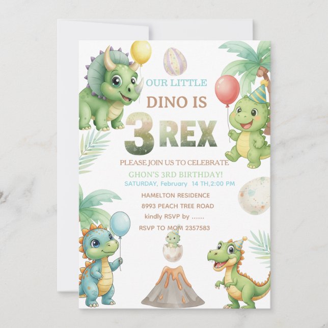Convite de Aniversário de Três-Rex com Labirinto (Frente)