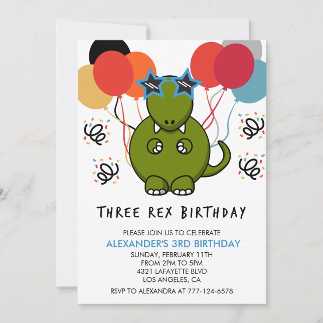 Convite de aniversário de três rex dinossauro 3º L (Frente)