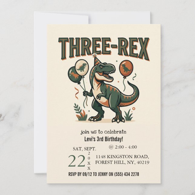 Convite de Aniversário de Três-Rex Dinossauro Fofo (Frente)