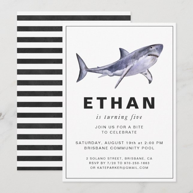 Convite de aniversário de Tubarão (Frente/Verso)