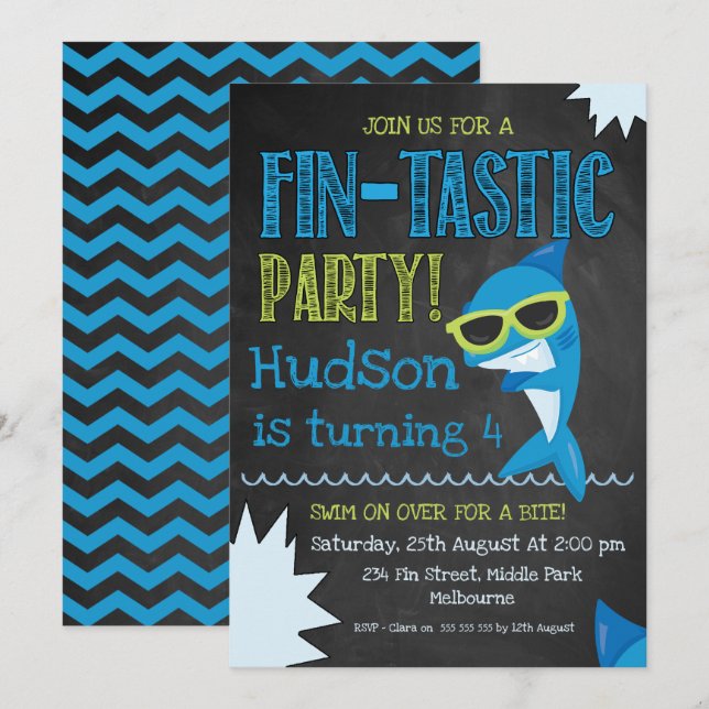 Convite de Aniversário de Tubarão-Chalkboard (Frente/Verso)