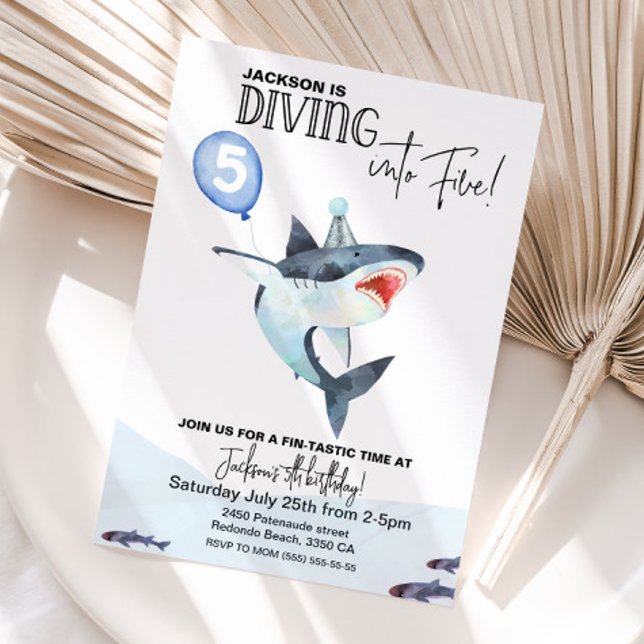 Convite de aniversário de tubarão - Mergulhe em CI (Shark Birthday Invitation - DIVE INTO FIVE)