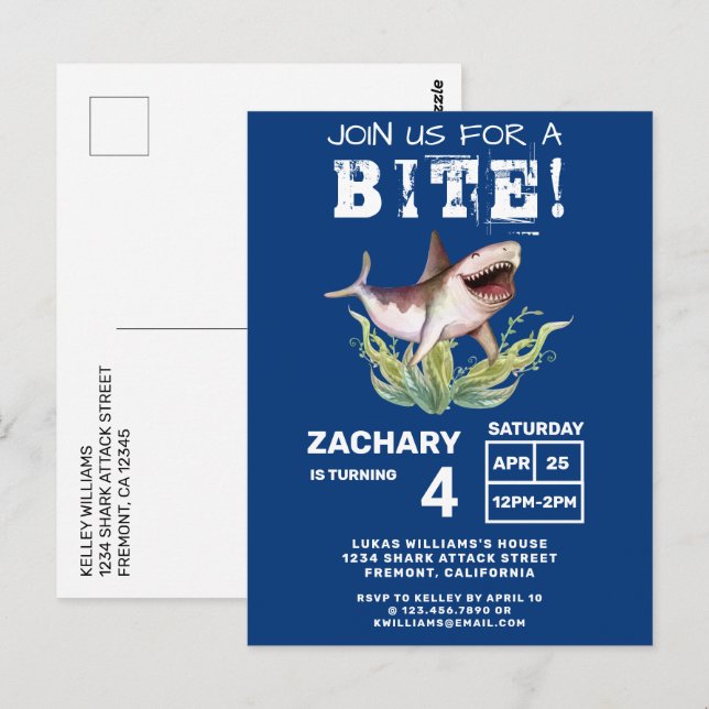 Convite de aniversário de tubarão para crianças (Frente/Verso)