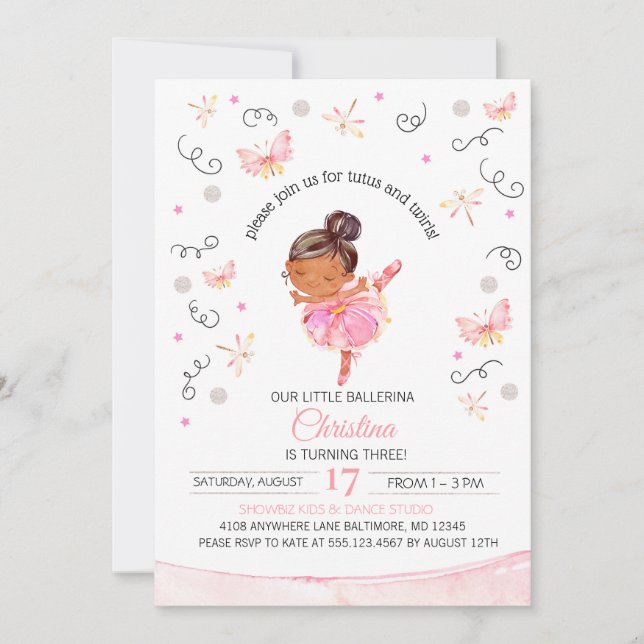Convite de Aniversário de Tutu e Twirls Ballerina (Frente)