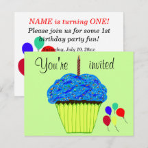 Convite de Aniversário de Um Ano Balões Cupcake Az