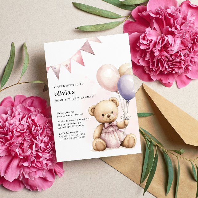 Convite de Aniversário de Um Ano Bear-Y Fofo Rosa (Criador carregado)