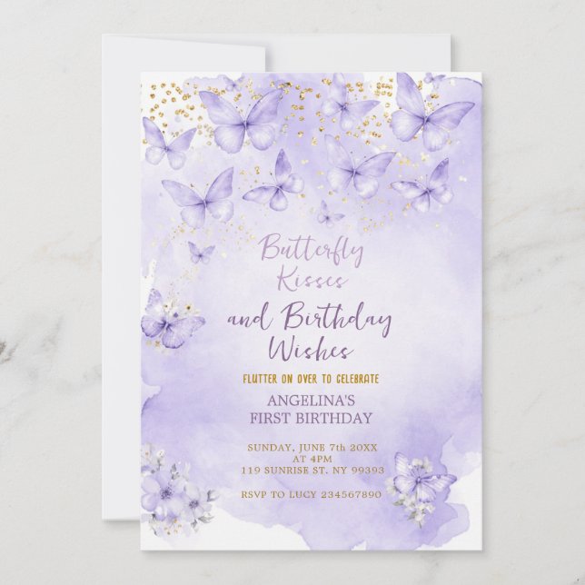 Convite de Aniversário de Um Ano Borboleta Lavanda (Frente)