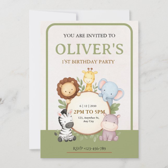 Convite de Aniversário de Um Ano com Animais Fofos (Frente)