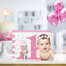 Convite de Aniversário de Um Ano com Foto da Bebê 