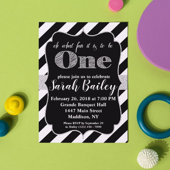 Convite de Aniversário de Um Ano com Glitter Prata (Criador carregado)