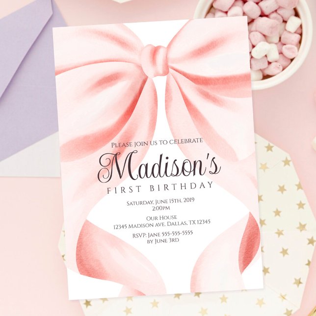 Convite de Aniversário de Um Ano com Laço Rosa em  (Criador carregado)