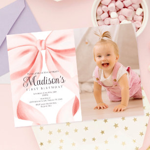Convite de Aniversário de Um Ano com Laço Rosa em