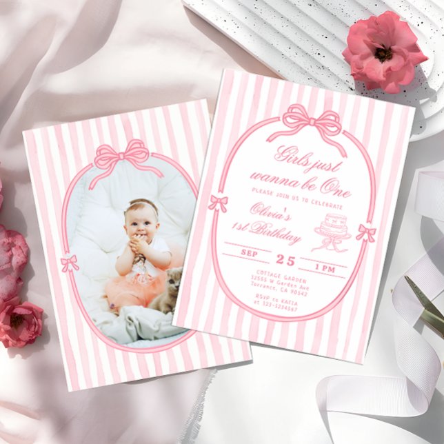 Convite de Aniversário de Um Ano com Laço Rosa par (Criador carregado)