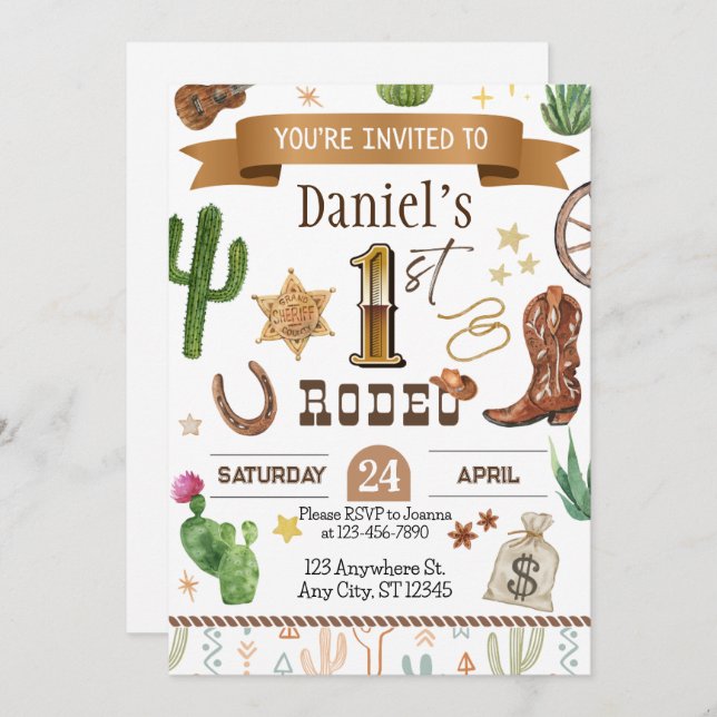 Convite de Aniversário de Um Ano com Tema Rodeio (Frente/Verso)