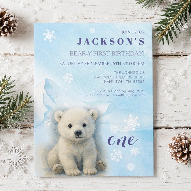 Convite de Aniversário de Um Ano do Ursinho Polar  (Polar Bear Beary First Birthday Party Invitation)